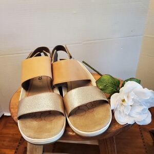 Bionica Leather and Gold Wedge Platform Sandals, Size 12 M